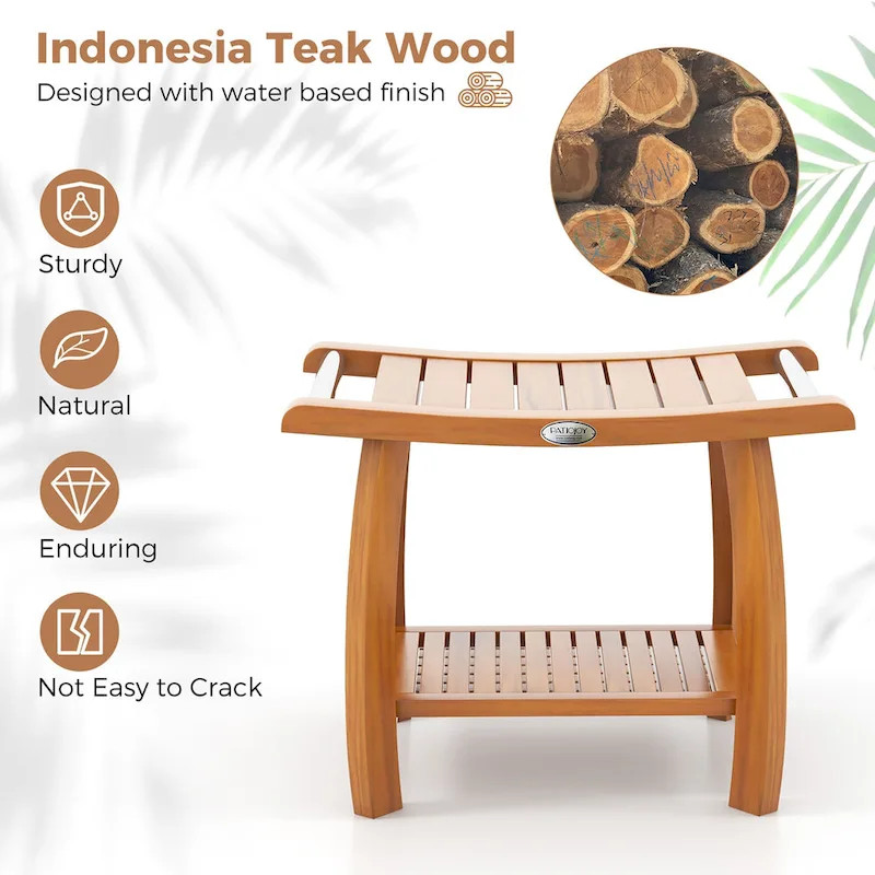 Gymax Teak Wood Shower Bench 2-Tier Wooden Shower Stool w/ Curved Seat