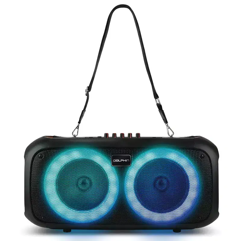 Dolphin Audio SP-2600RBT Portable 2,000-Watt-Peak-Power Bluetooth Party Speaker with Lights, Microphone, and Shoulder Strap