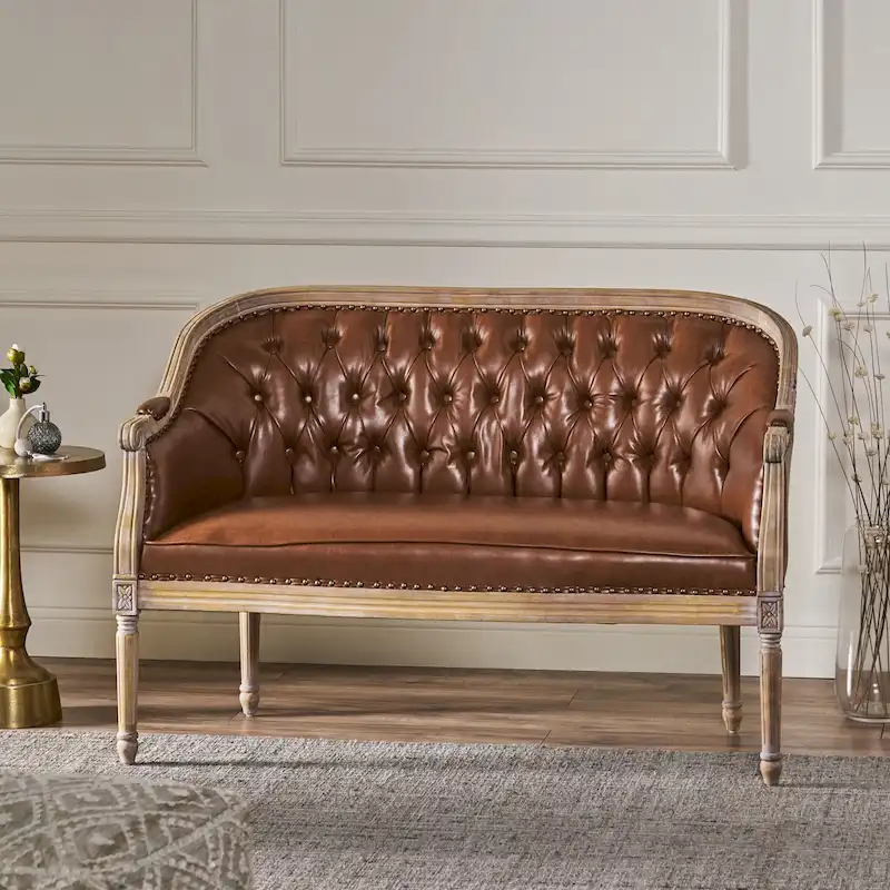 Button-Tufted Upholstered Loveseat with Scrolled Arms and Nailhead Trim
