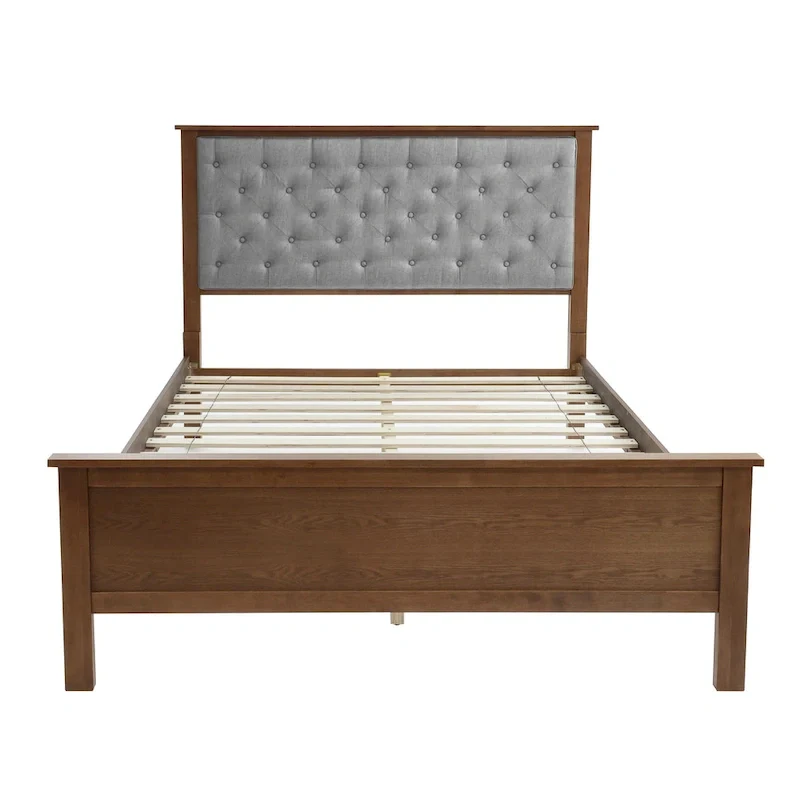 Gray Upholstered Queen Bed Headboard and Wood Footboard Set