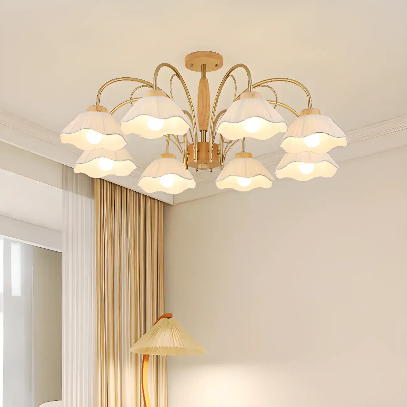 Floral Fabric Ceiling Light for Living Room in Natural Finish