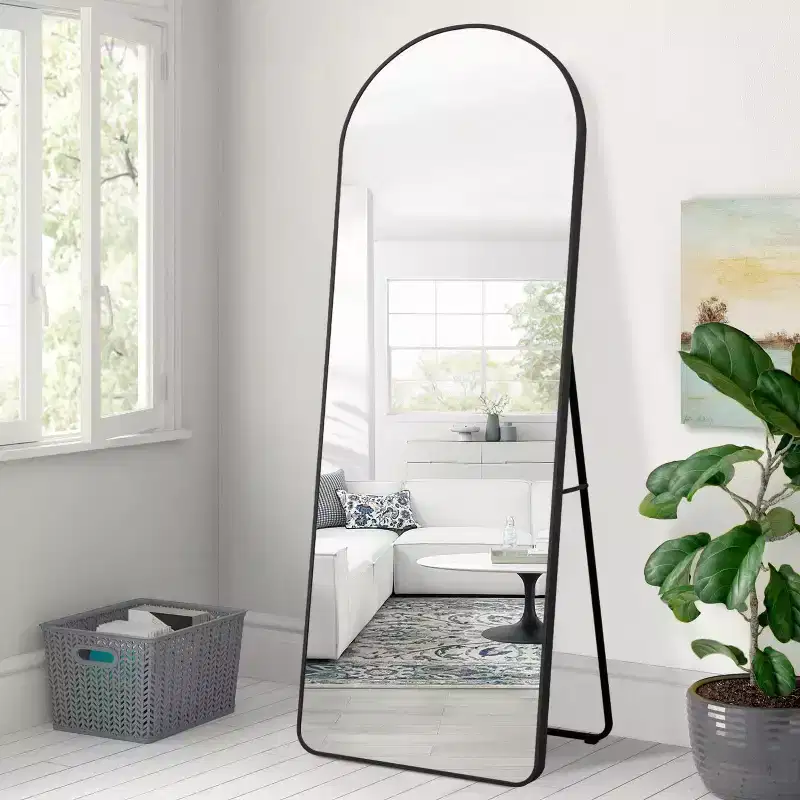 PexFix 64x21 Aluminum Alloy Thin Frame Right Angle Arched Full Length HD Glass Floor Mirror Modern Decor for Bedroom Living Room Entryway Black