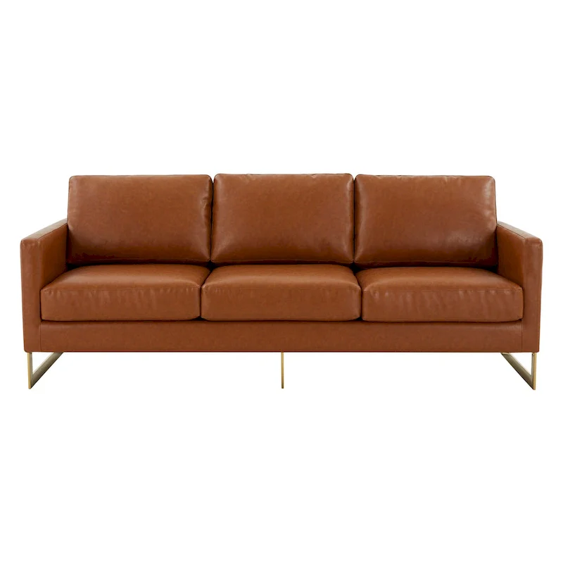 LeisureMod Lincoln Modern Upholstered Leather Sofa with Gold Frame - 83