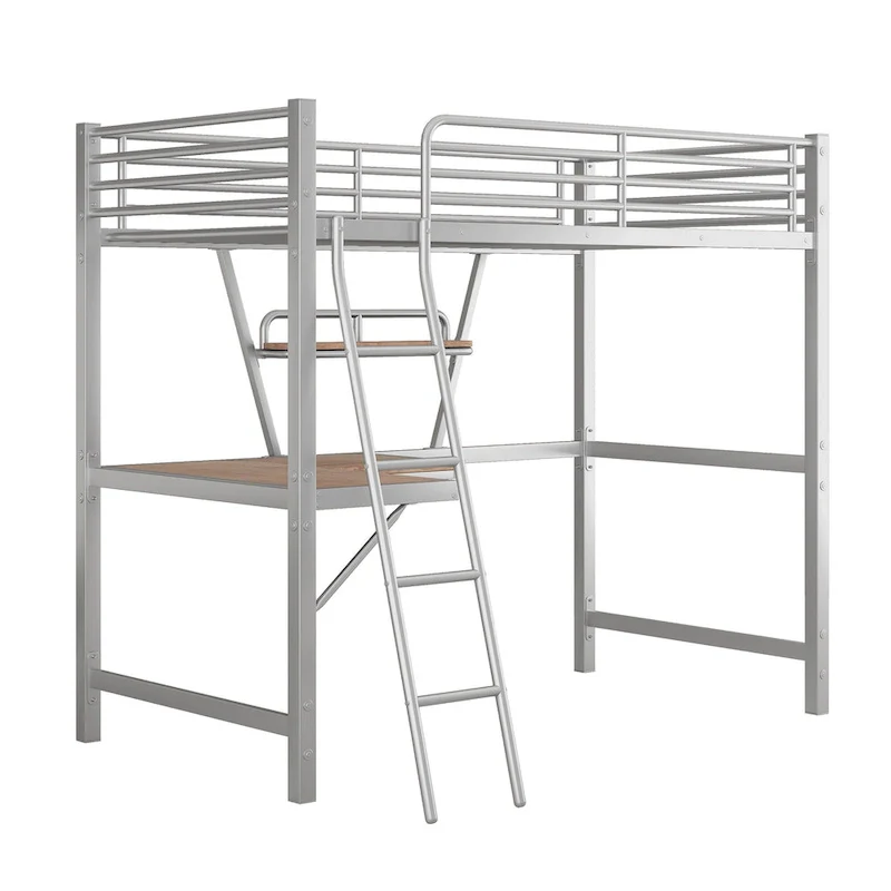 Twin Metal Loft Bed with Desk and Guardrail