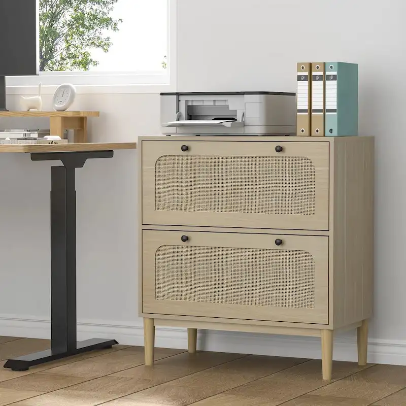 Natural Rattan 2-Drawer Lateral File Cabinet, Black Legs