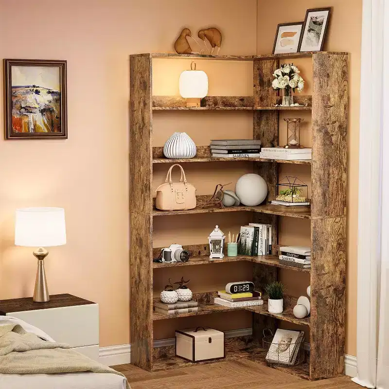 Acekool 6-Tier L-Shaped Corner Bookshelf with Baffles, Tall Industrial Bookcase, Large Storage Display Rack for Living Room, Office