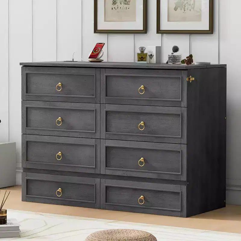 Queen/Full Size Wooden Murphy Bed Wall Bed with A Large Drawer and Charging Outlets 4S -ModernLuxe