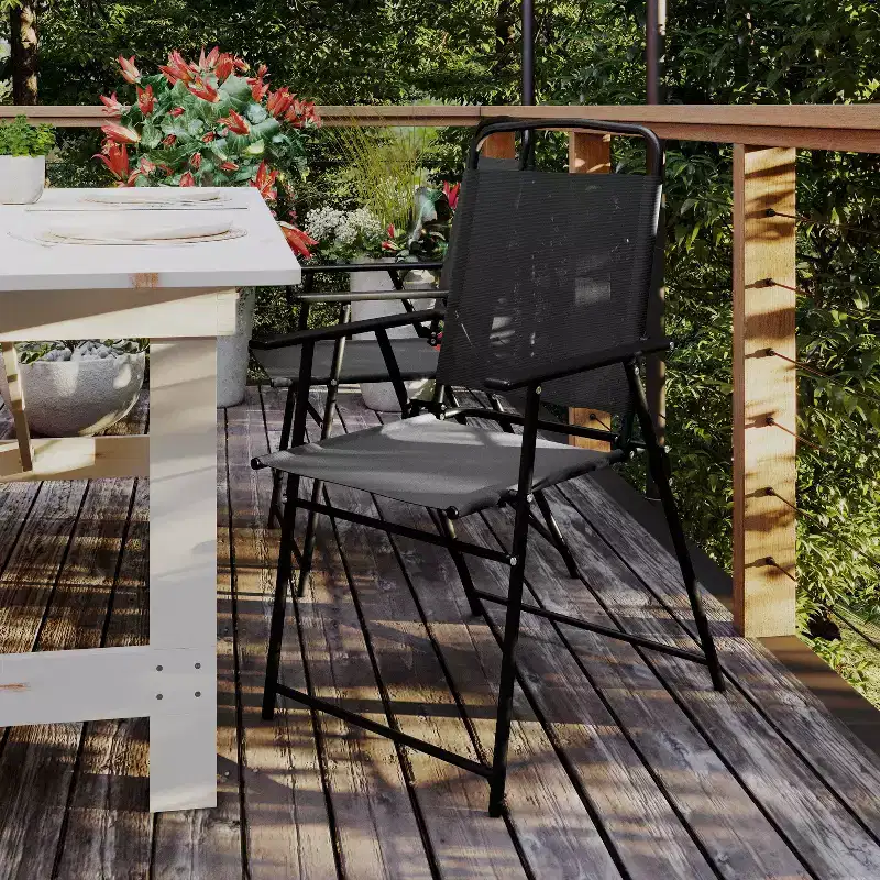 Flash Furniture Set of 4 Mystic Folding Patio Sling Chairs, Outdoor Textilene Lawn Chairs with Armrests