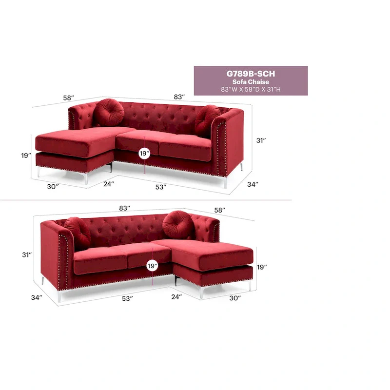 83 in. Tufted Velvet Sectional with 2-Throw Pillow - 83 L x 58 W x 31 H