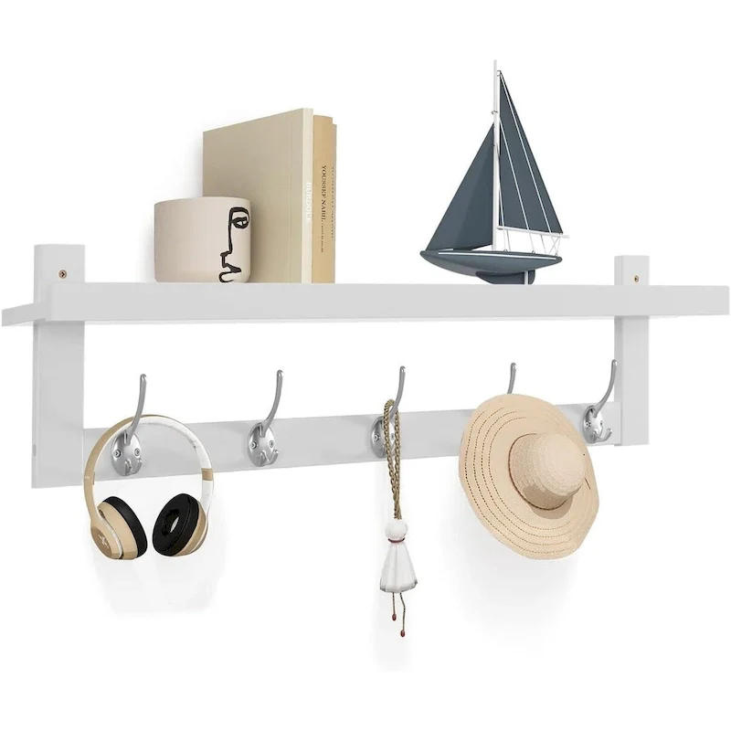 Coat Hooks with Shelf Wall-Mounted, Bamboo Hanging Shelf with 5 Double Metal Hooks