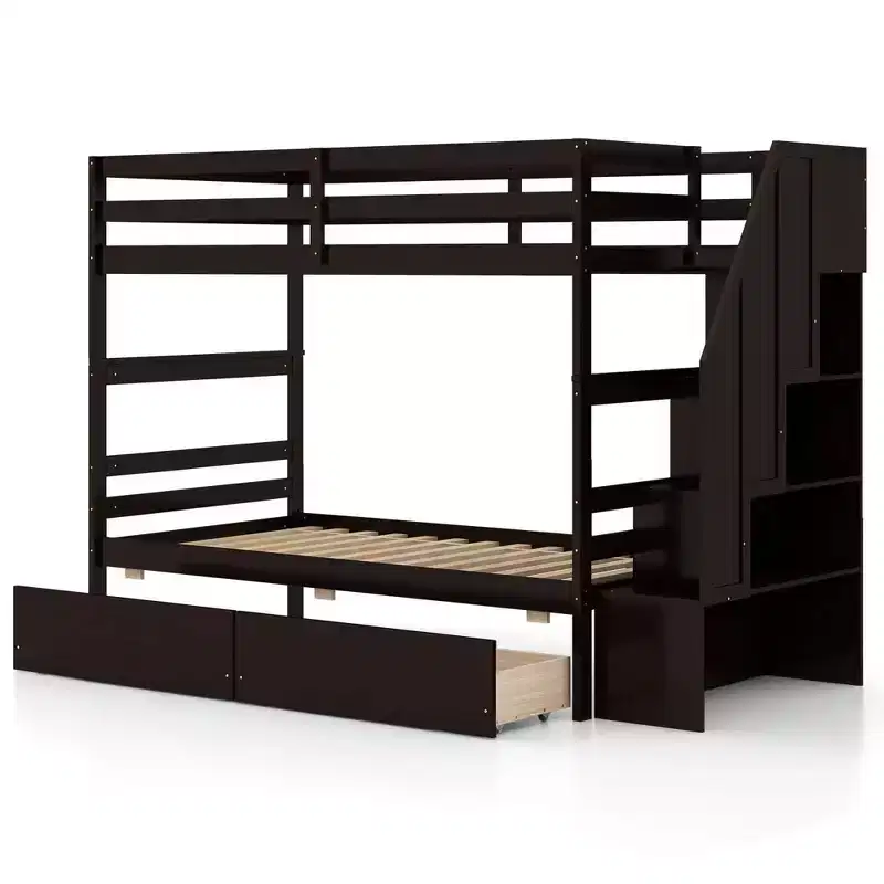 Costway Twin Over Twin Bunk Bed with Storage Stairs & Drawers Full-length Guardrails White/Gray/Brown