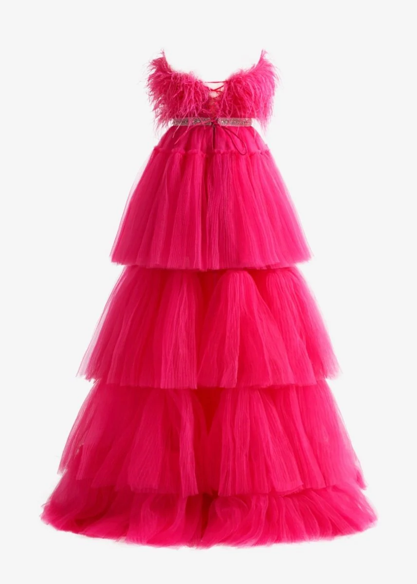 A-line High-Low Strapless Ruffled Tulle Prom Dress with Feathers