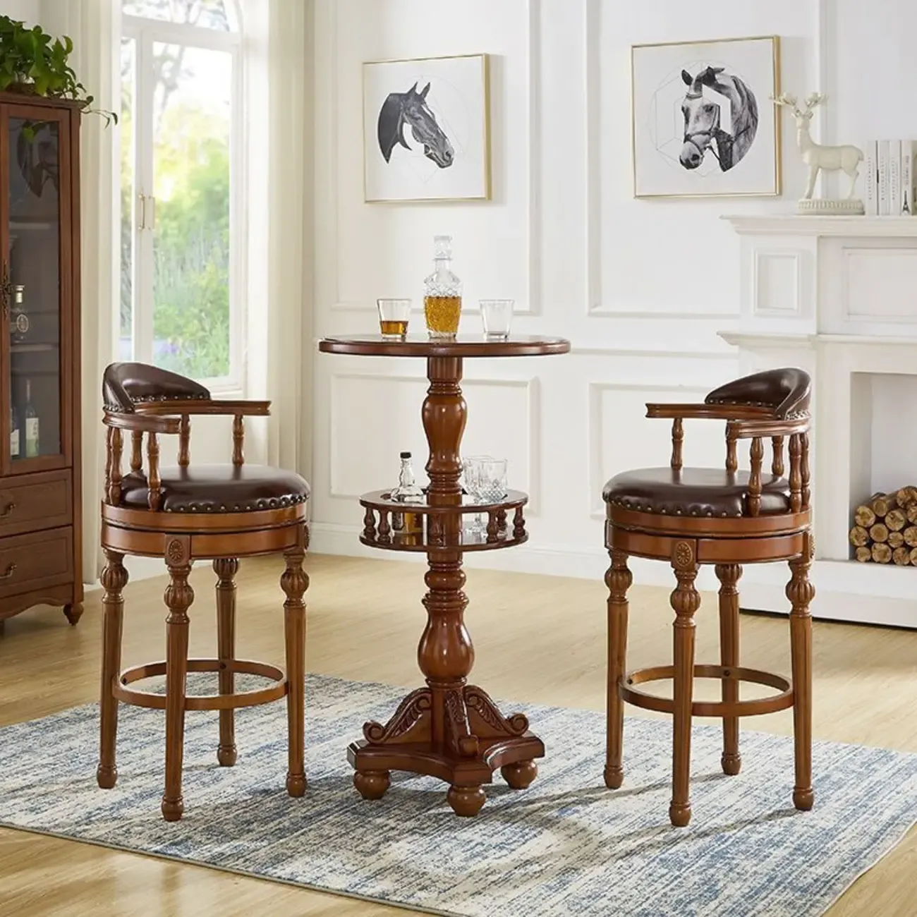 Traditional Brown Rubberwood Cushioned Bar Stools