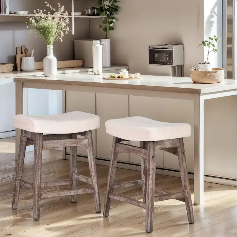 24 Inch Solid Wood Barstools with Linen / PU Leather Fabric Cushion, Set of 2