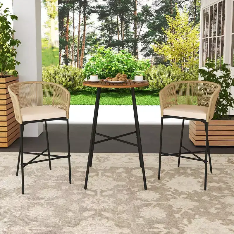 Costway 3 PCS Rope Woven Patio Bar Set with Soft Cushions and Acacia Wood Tabletop