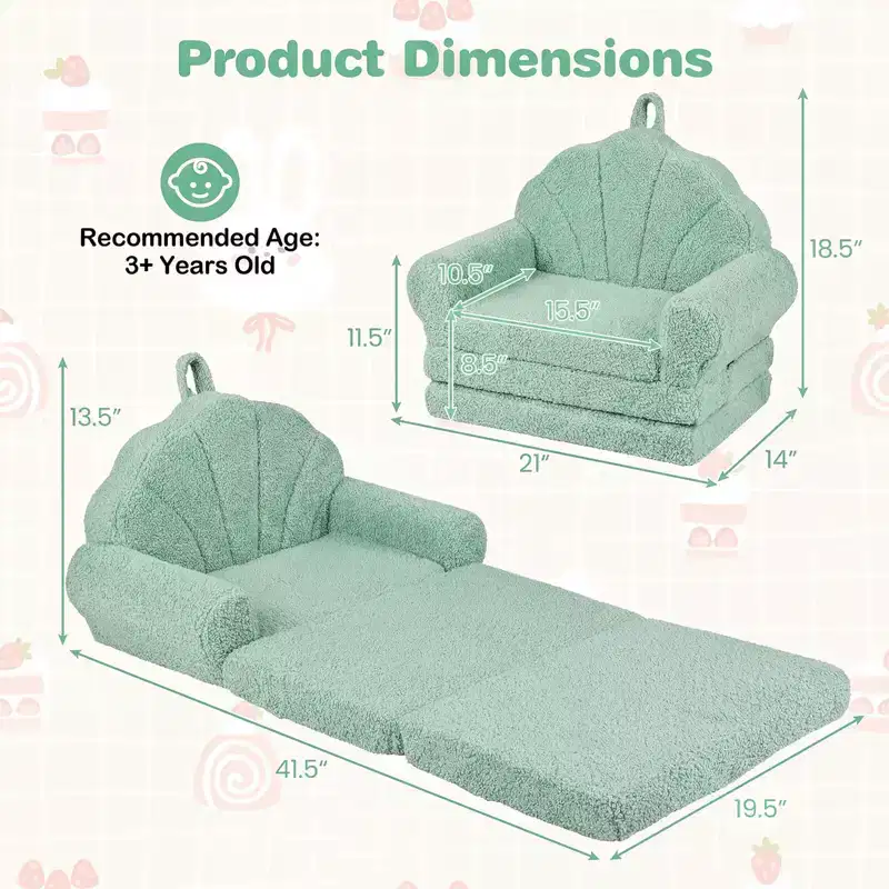 Costway Fold-out Kids Sofa 2-in-1 Convertible Toddler Couch & Lounger with Non-slip Base Beige/Green/Pink