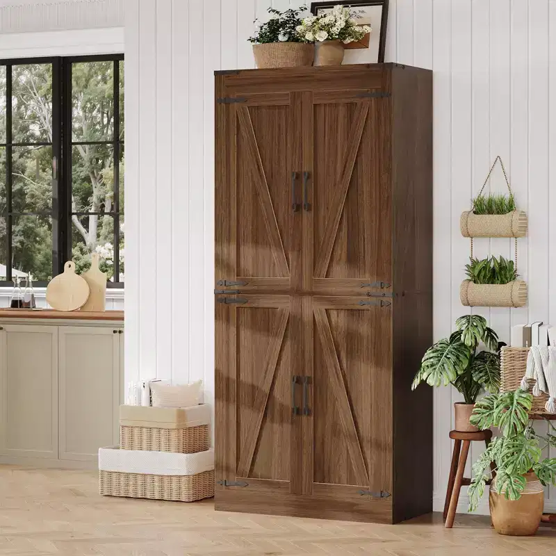 71 Tall Kitchen Pantry Cabinet, Farmhouse Large Wood Storage Cabinet with 4 Barn Doors Adjustable Shelves for Dining Room Living Room