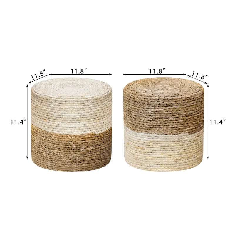 Adeco Set of 2 Foot Stool Natural Cattail Hand Weave Poufs Ottoman