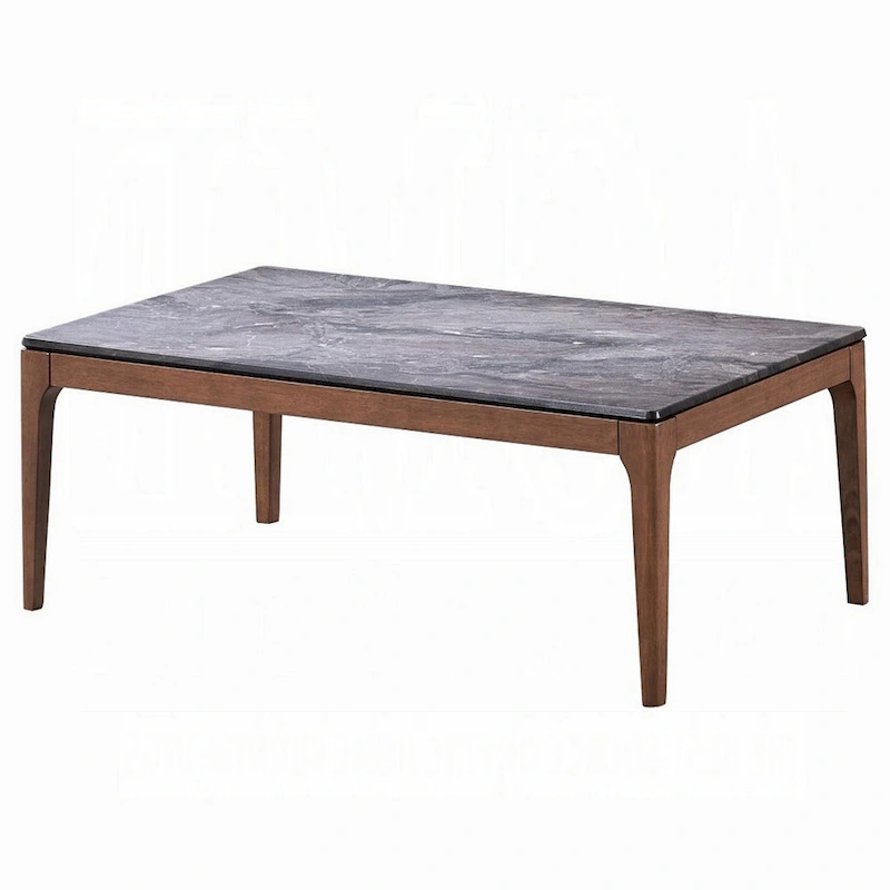 Evis Coffee Table, Rectangular 47 Inch Gray Faux Stone, Brown Wood