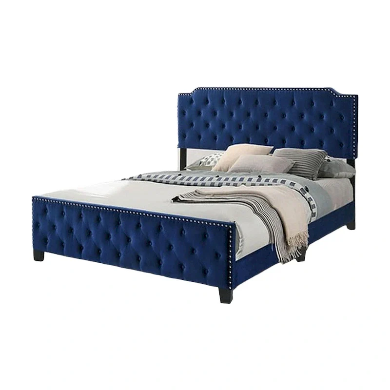Agapi California King Bed, Button Tufted, Nailhead Trim, Navy Upholstery