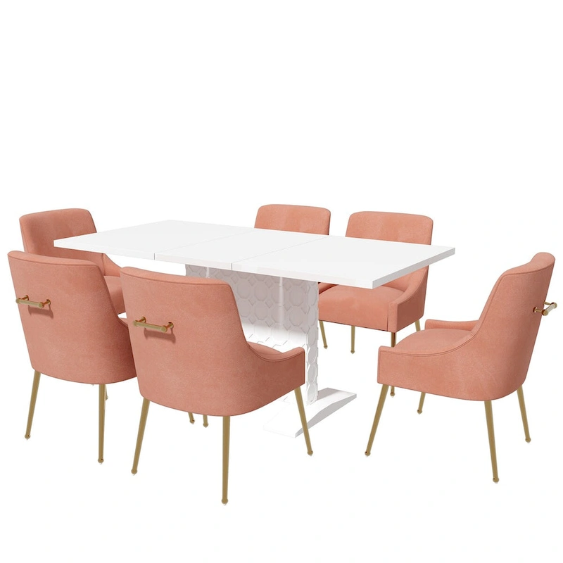 7-Piece Clihome High-gloss Extendable Table Velvet Chair Dining Set