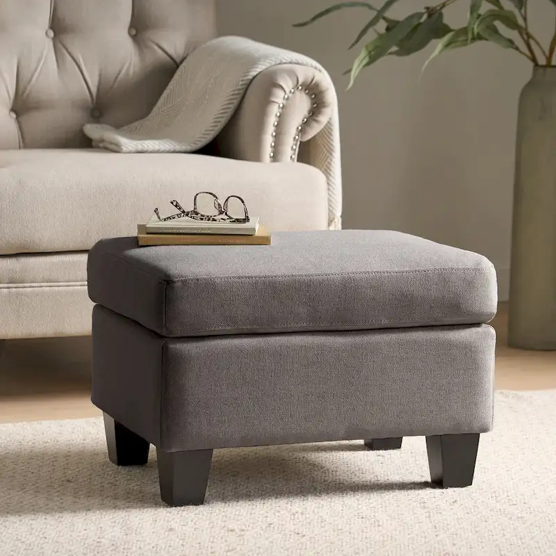 Upholstered Fabric Ottoman with Birch Wood Legs