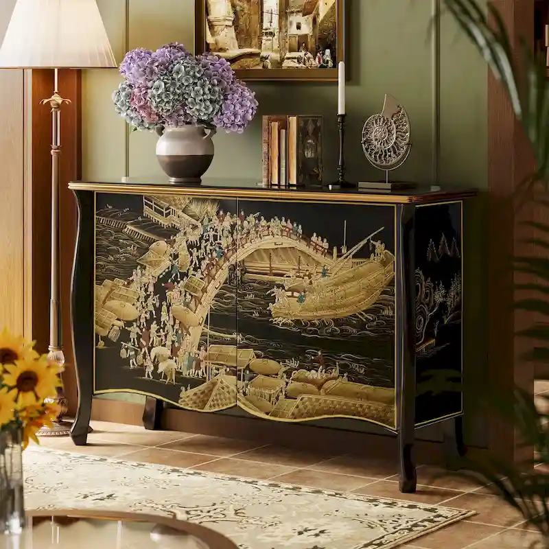 Black Chinese-Style Hand-Painted Sideboard with Double Sliding Doors, Drawers & Silver Foil Accents
