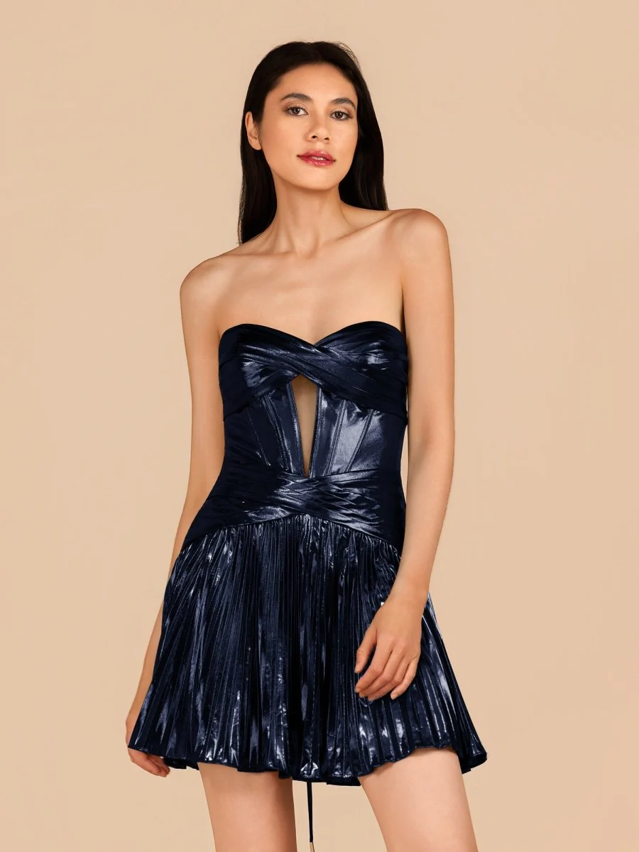 Navy Blue - A Line Sweetheart Cutout Metallic Short Homecoming Dresses