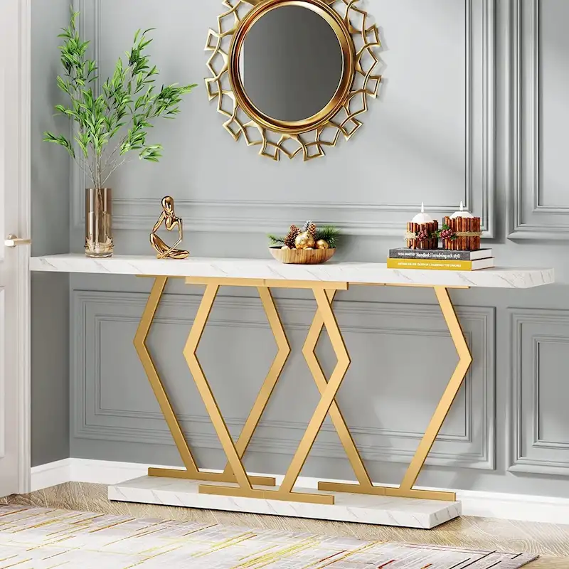 Faux Marble Console Table with Metal Legs, White/Gold, Grey/Black, Black/Gold, Brown/Black, Rectangular