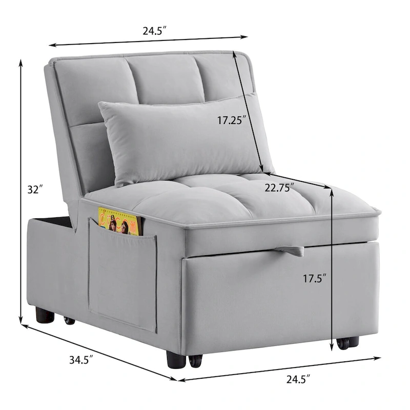 Convertible Recliners with Adjustable Backrest, Pillows and Pockets