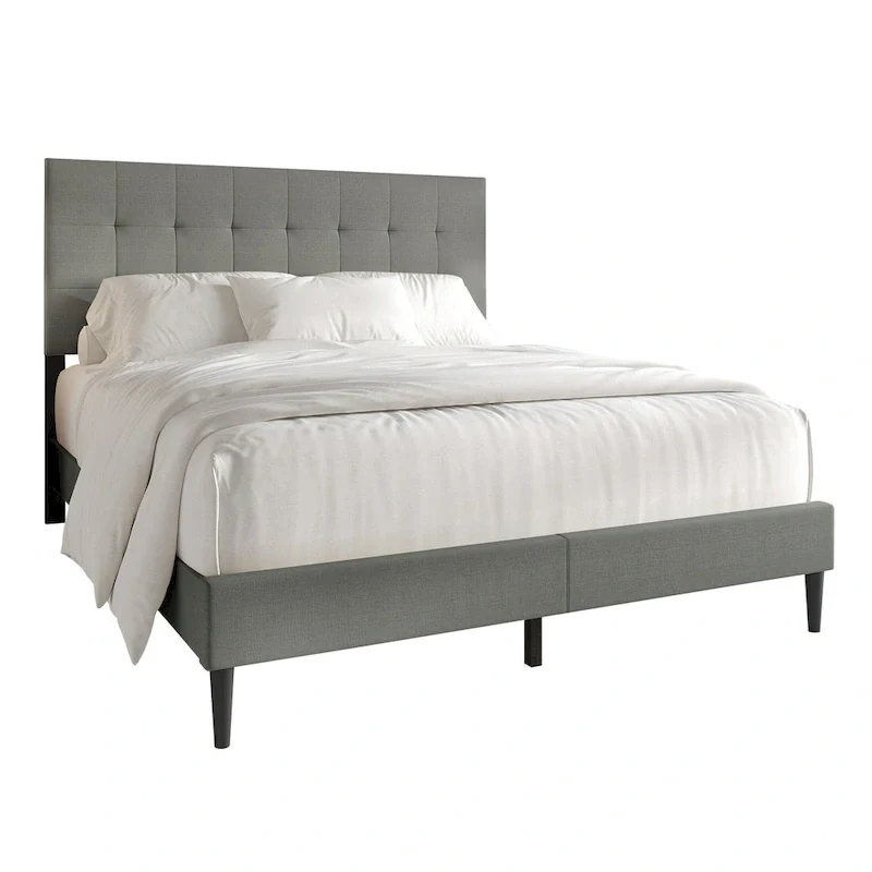 Beige / Light Grey / Black Linen Upholstered Platform Bed with Square Stitching Headboard – Twin / Full / Queen / King