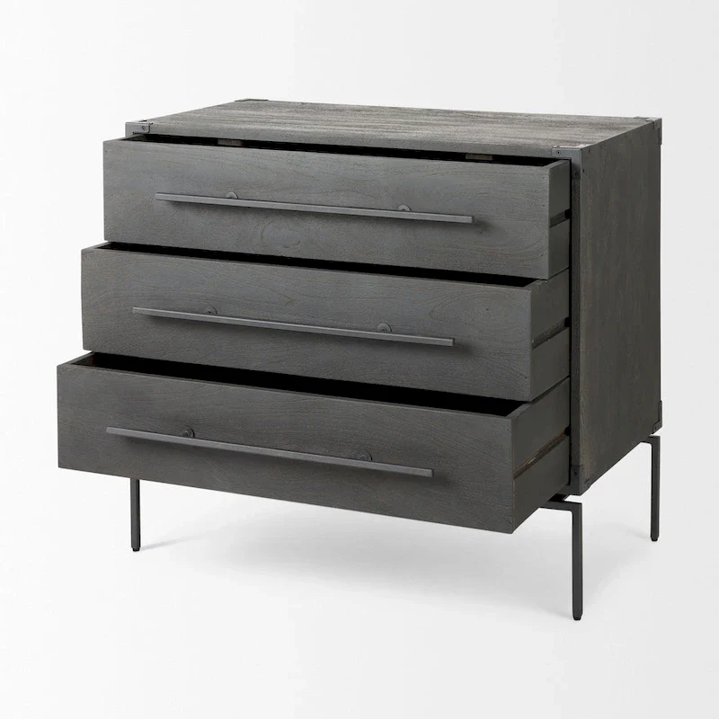Dark Brown Mango Wood 3-Drawer Accent Cabinet with Black Iron Base, 1-Person Assembly
