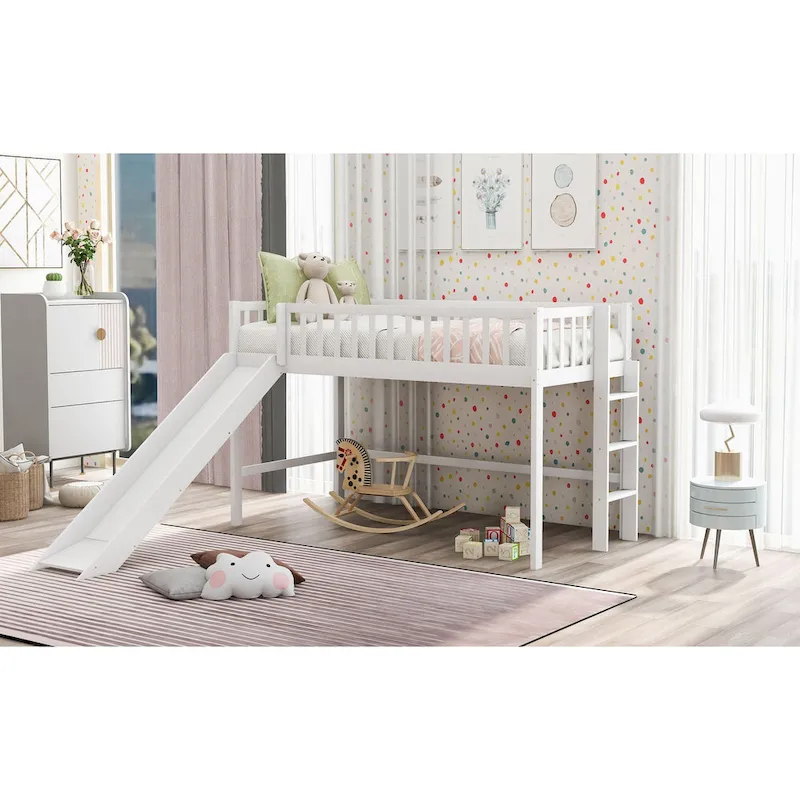 Twin Size Low Loft Bed with Ladder and Slide