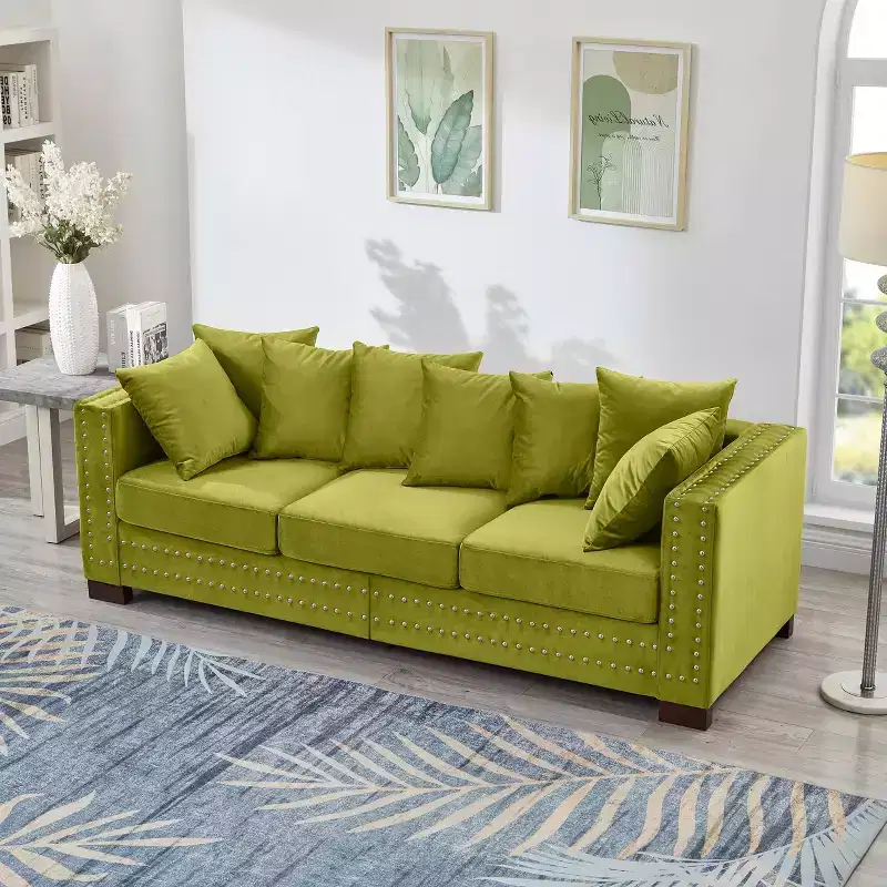 MAYEERTY 60.5 Modern Three Seaters Sofa with Silver Nails Square Armrest Upholstered Velvet for Living Room Green