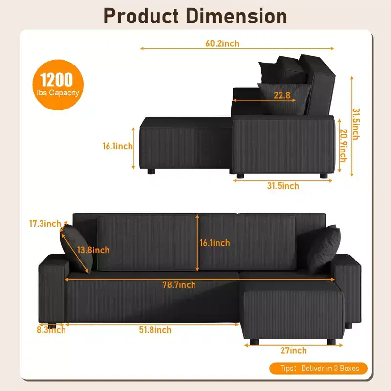 96 Modular Cloud Couch Sectional,Modern L-Shaped Corduroy Strip Sofa with Movable Ottoman,Sectional Couches for Living Room, Bedroom