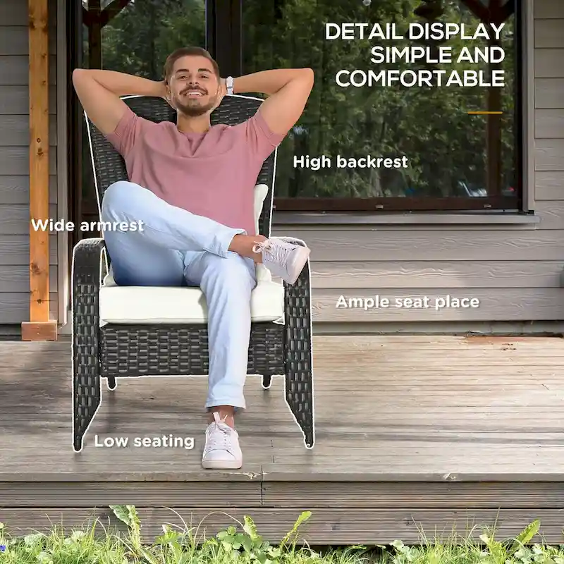 Patio Wicker Adirondack Chair, All-Weather Rattan Fire Pit Chair Soft Cushions, Tall Curved Backrest and Armrests