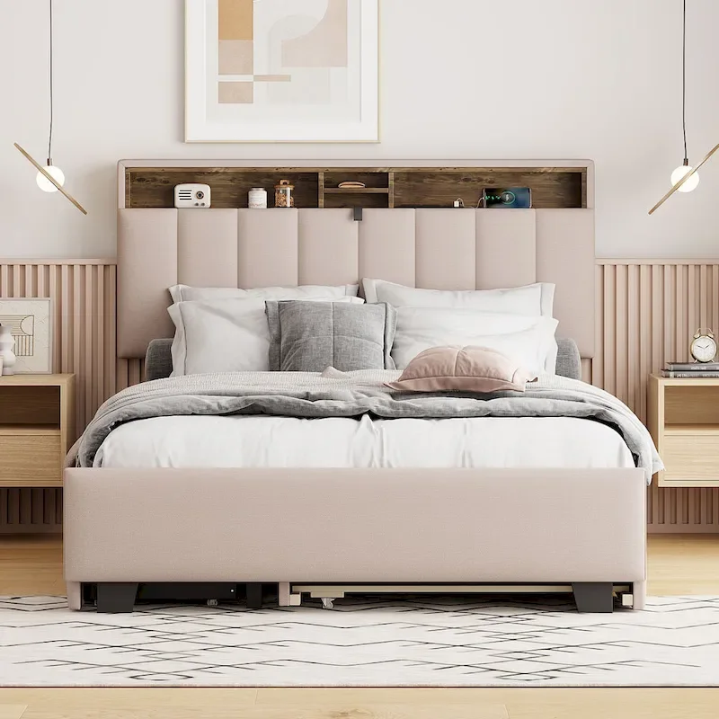 Full size Upholstered Platform Bed with Storage Headboard, Trundle & 2 drawers USB Ports, Linen, Beige