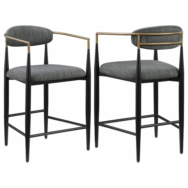 Tiara Counter Chair Set of 2, Gray Fabric, Gold, Black Metal 25 Inch