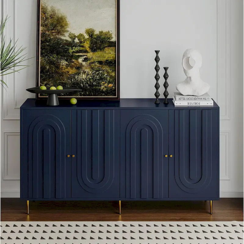4-Door Lacquered Sideboard Buffet Cabinet with Adjustable Shelves – Blue / Grey, Minimalist, Gold Legs