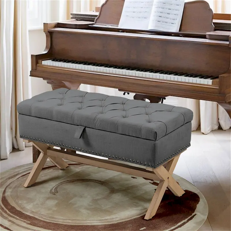 Antique Dark Grey Button-Tufted Linen Storage Ottoman, 1-Seat