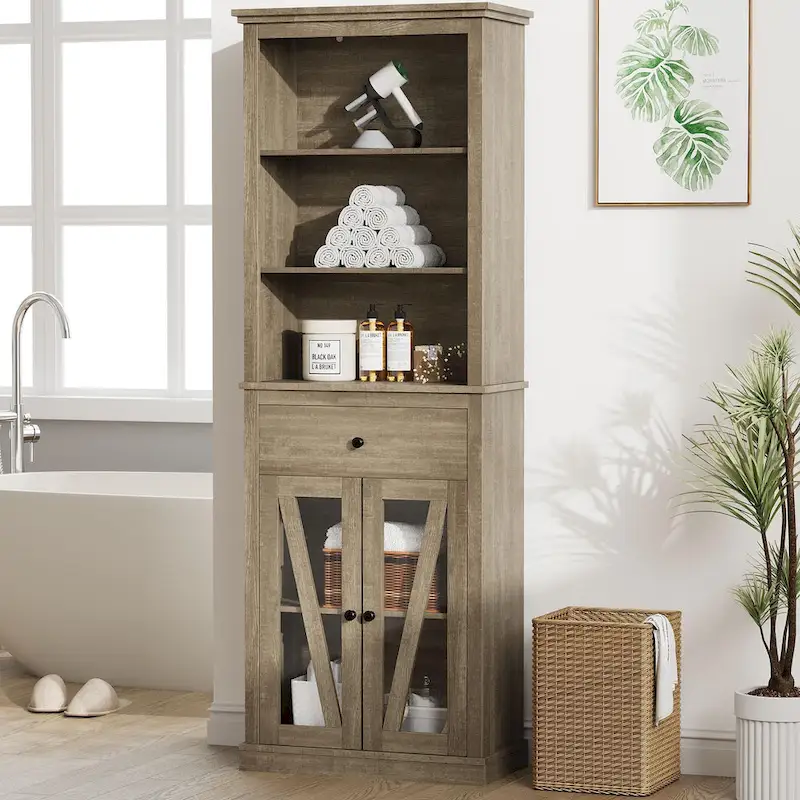 Grey Tall Storage Cabinet with 5 Shelves & Drawer, Single