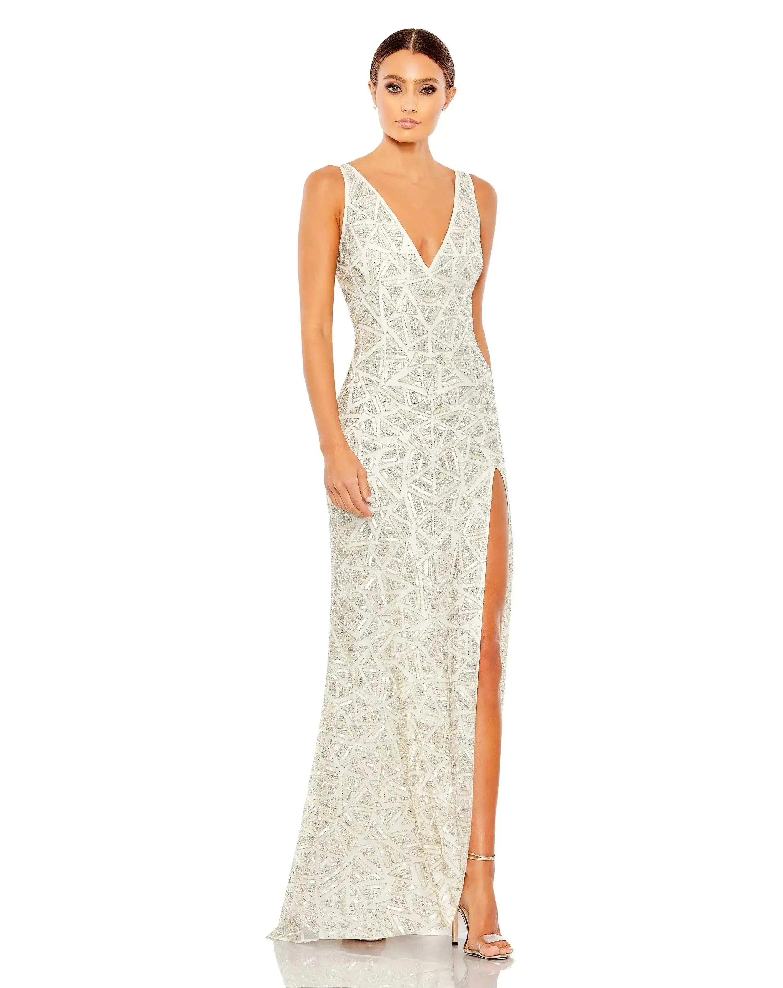 White Sleeveless V Neck Embellished Gown