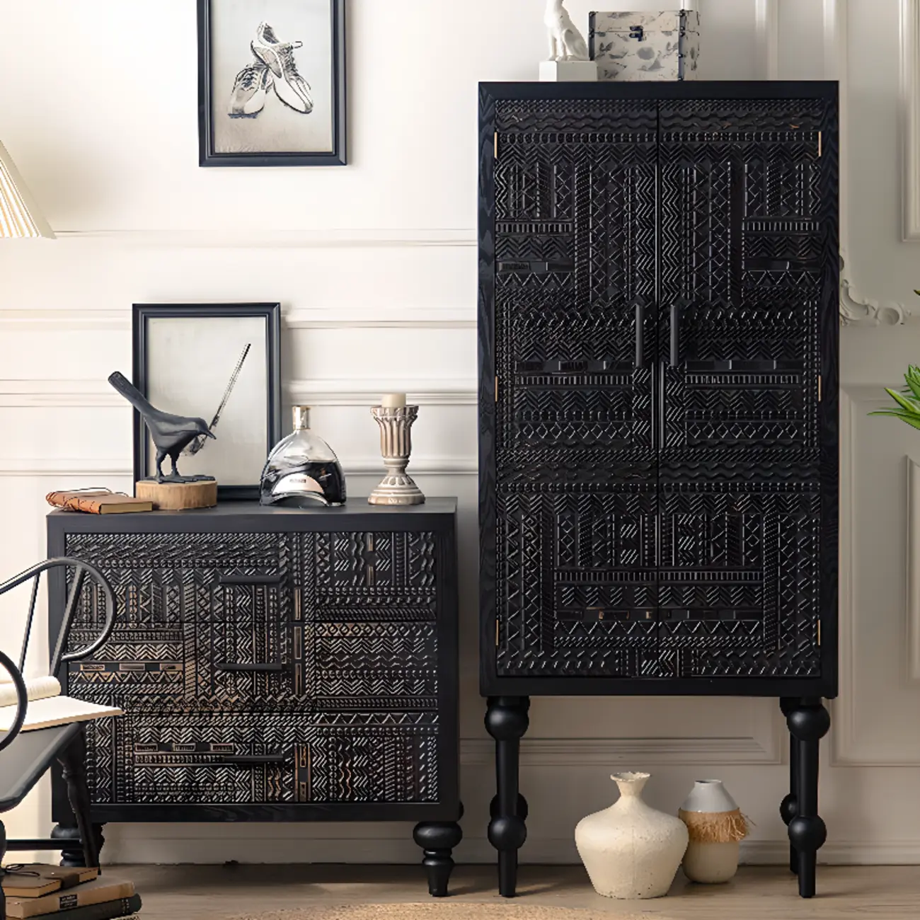 Mid-Century Rectangle Black Distressed Wood Carved Cabinet