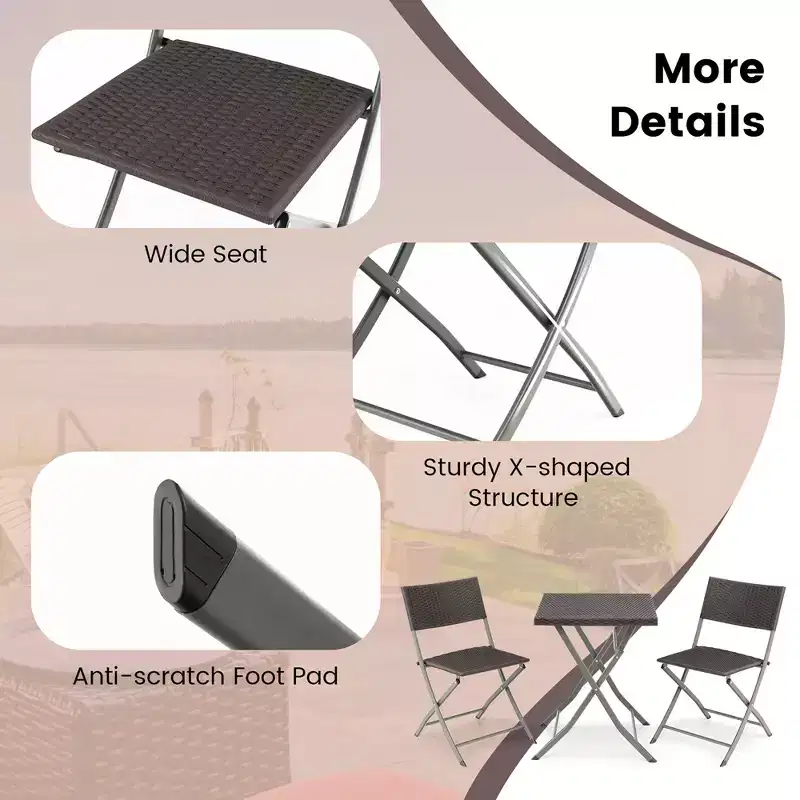 Costway 3PCSPatio Folding Rattan Bistro Set Chairs Backrest Table Garden Deck
