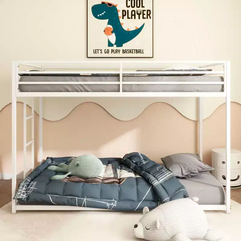 Okak 76.69IN Twin-Over-Twin Kids Bunk Beds with Metal Frame, Low Profile Bunk Bed with Ladder and Guardrails, Bed Frames for Bedroom, White