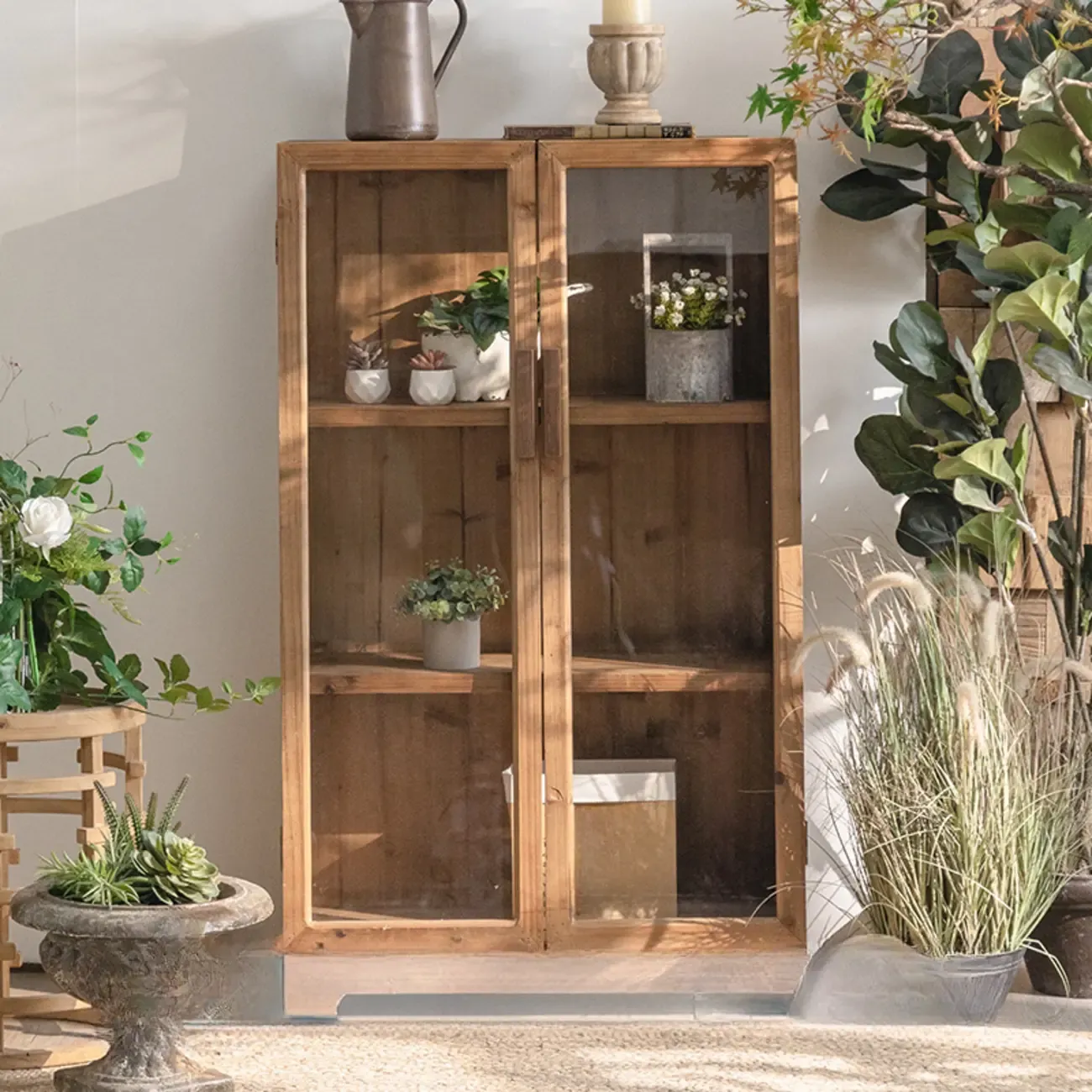 Traditional Multi-Shelves Brown Wooden Flip-Up China Cabinet