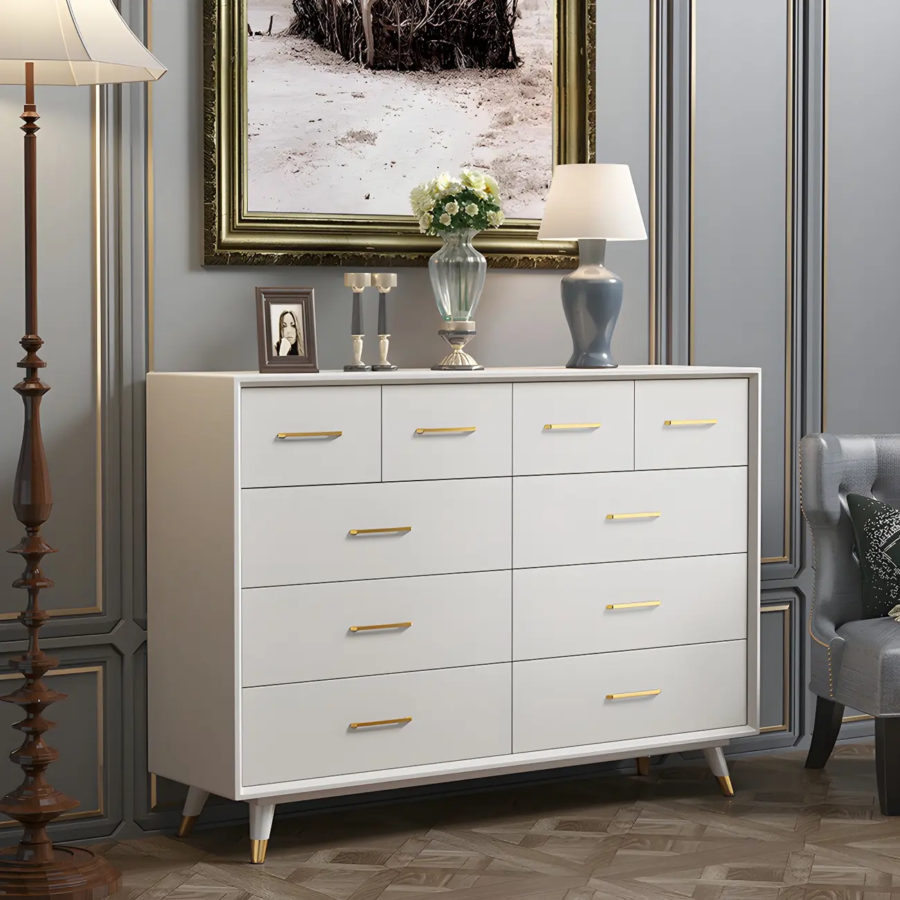 Glam Birch Wood Buffet Table with Multi-Drawers