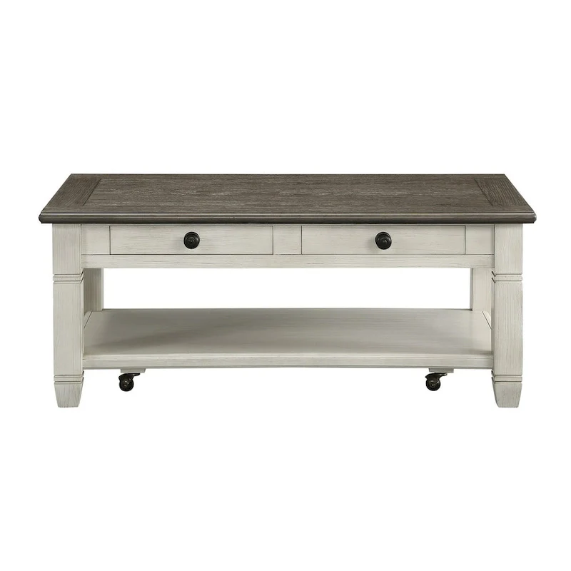 Rome 48 Inch Cocktail Coffee Table, 2 Drawers, White and Brown, Solid Wood