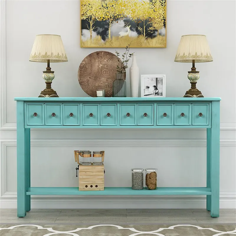 Blue / Brown / Navy Solid Wood Console Table with 4 Drawers & Lower Shelf – Rustic Style, Entryway Use