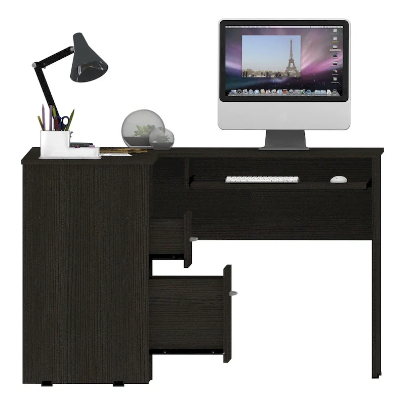 TUHOME Mix L-Shaped Desk with Open Shelving, 2 Drawers, and a Retractable Keyboard